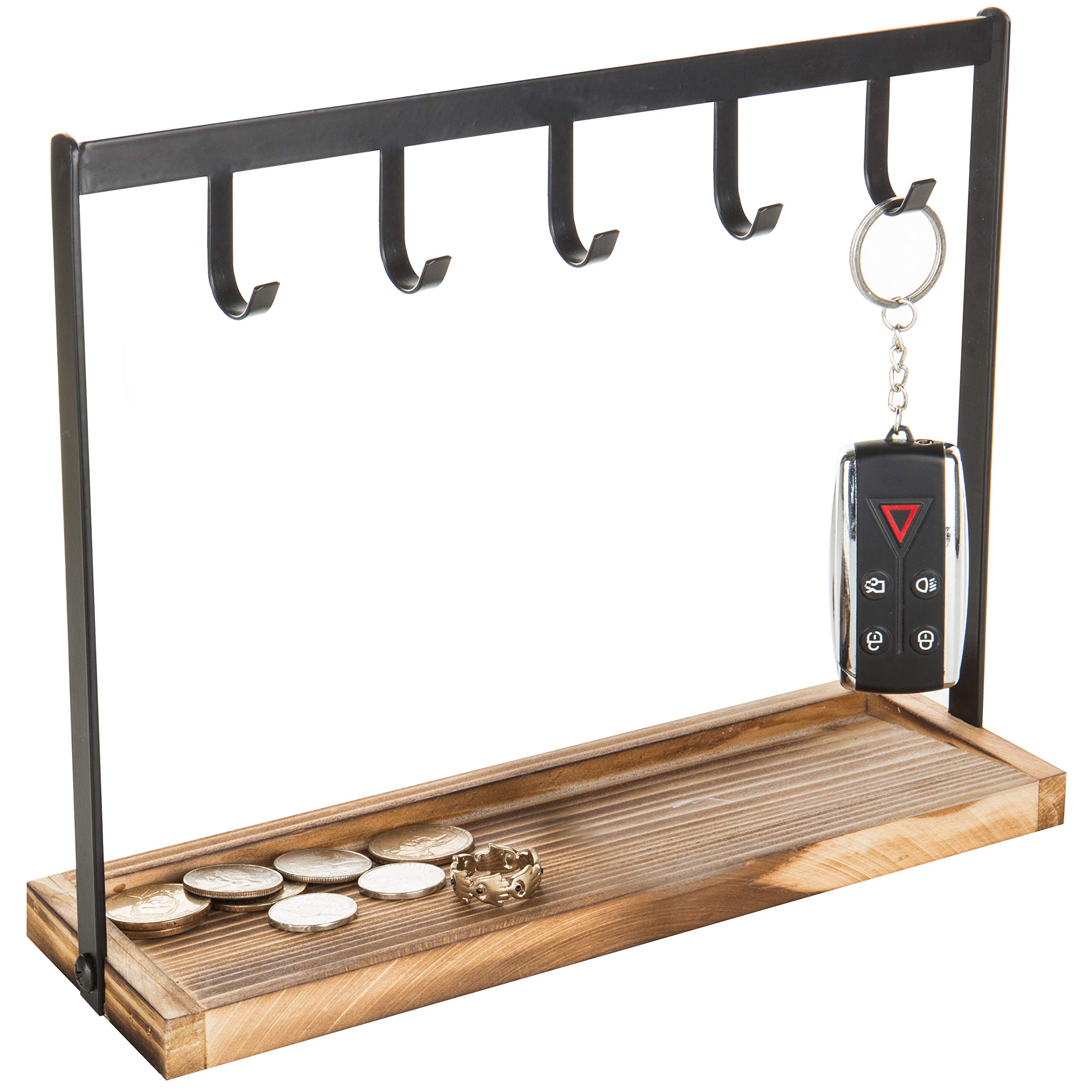 Photo 1 of MyGift Black Metal Entryway Key Holder with 5 Hooks and Burnt Wood Base, Tabletop Necklace and Jewelry Organizer Rack with Ring Tray