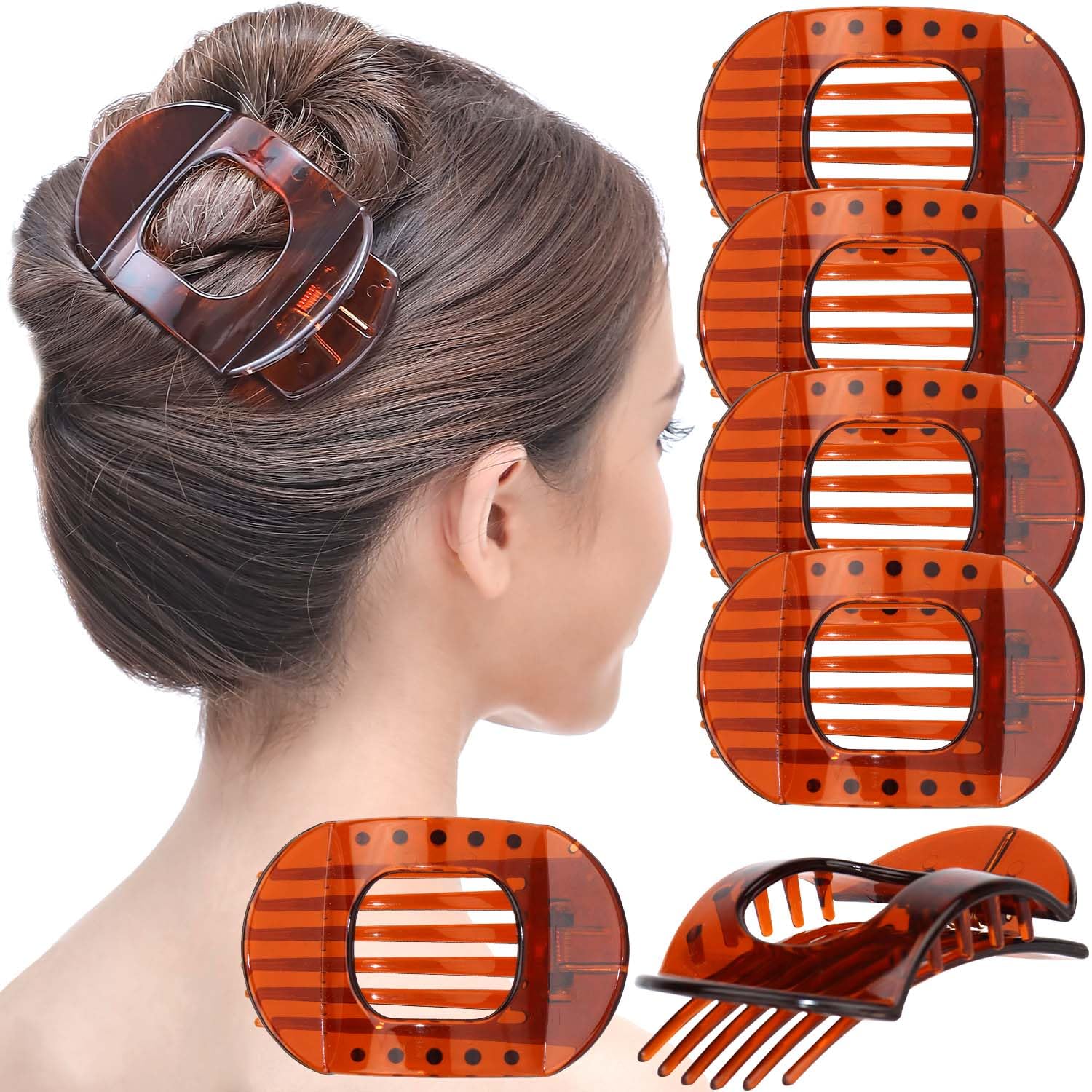 RC ROCHE 6 Pcs Flat Claw Hair Clips for Women Thick Hair French Round Duckbill Square Secure Strong Hold Grip Clamps Barrettes Curved No Slip No Crease Plastic Styling Cute, Medium Brown