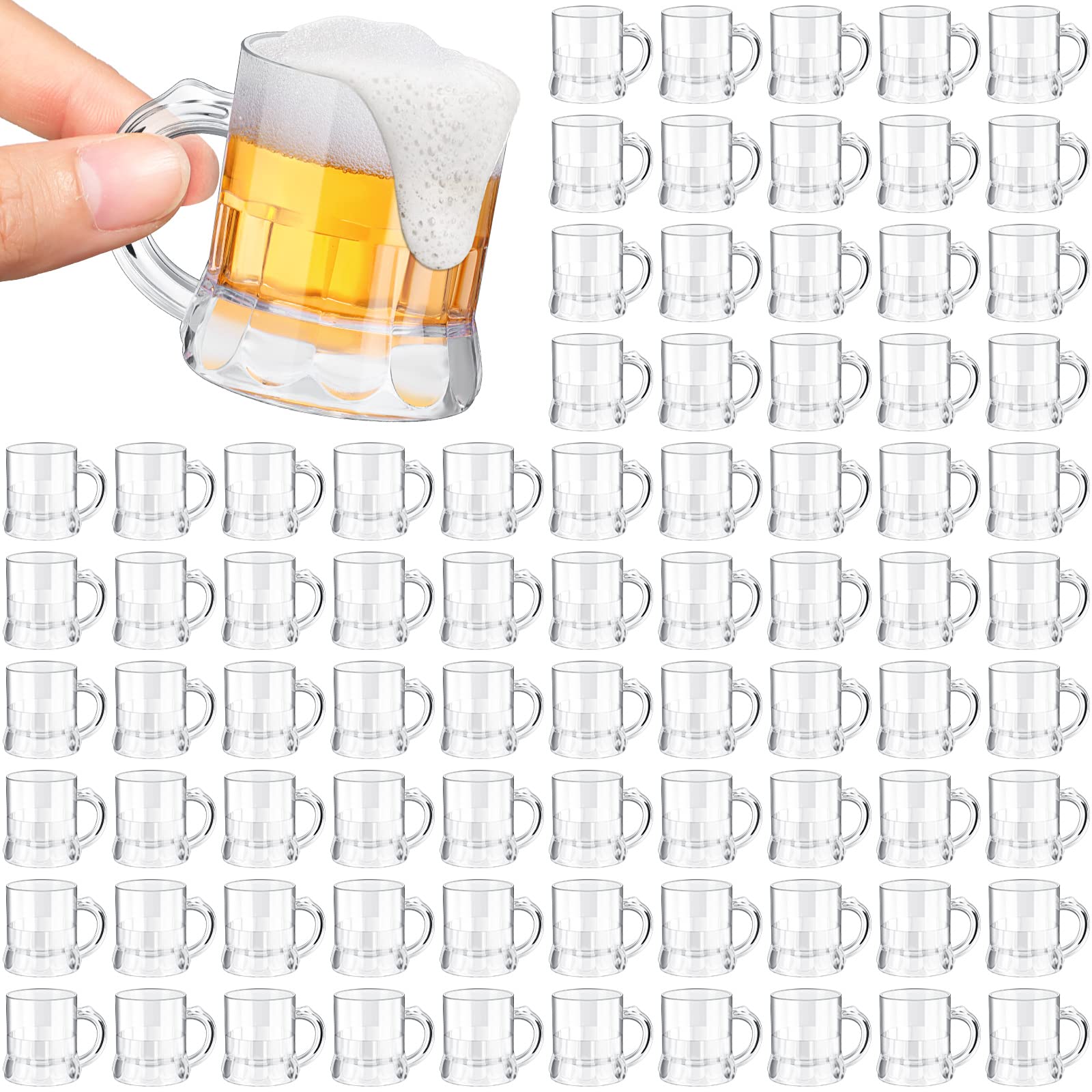Photo 1 of Yinder 100 Pieces 2 oz Mini Beer Mug,Plastic Mini Shot Glasses, Heavy Base Clear Reusable Beer Stein Tasting Glasses,Small Plastic Shot Cups for Party Drink, Whiskey, Tequila, Vodka