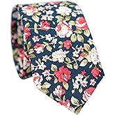 BELLUNO Cotton Floral Tie for Men, Skinny Flower Necktie for Wedding, Party, Activities, Cotton Slim Tie + Gift Box