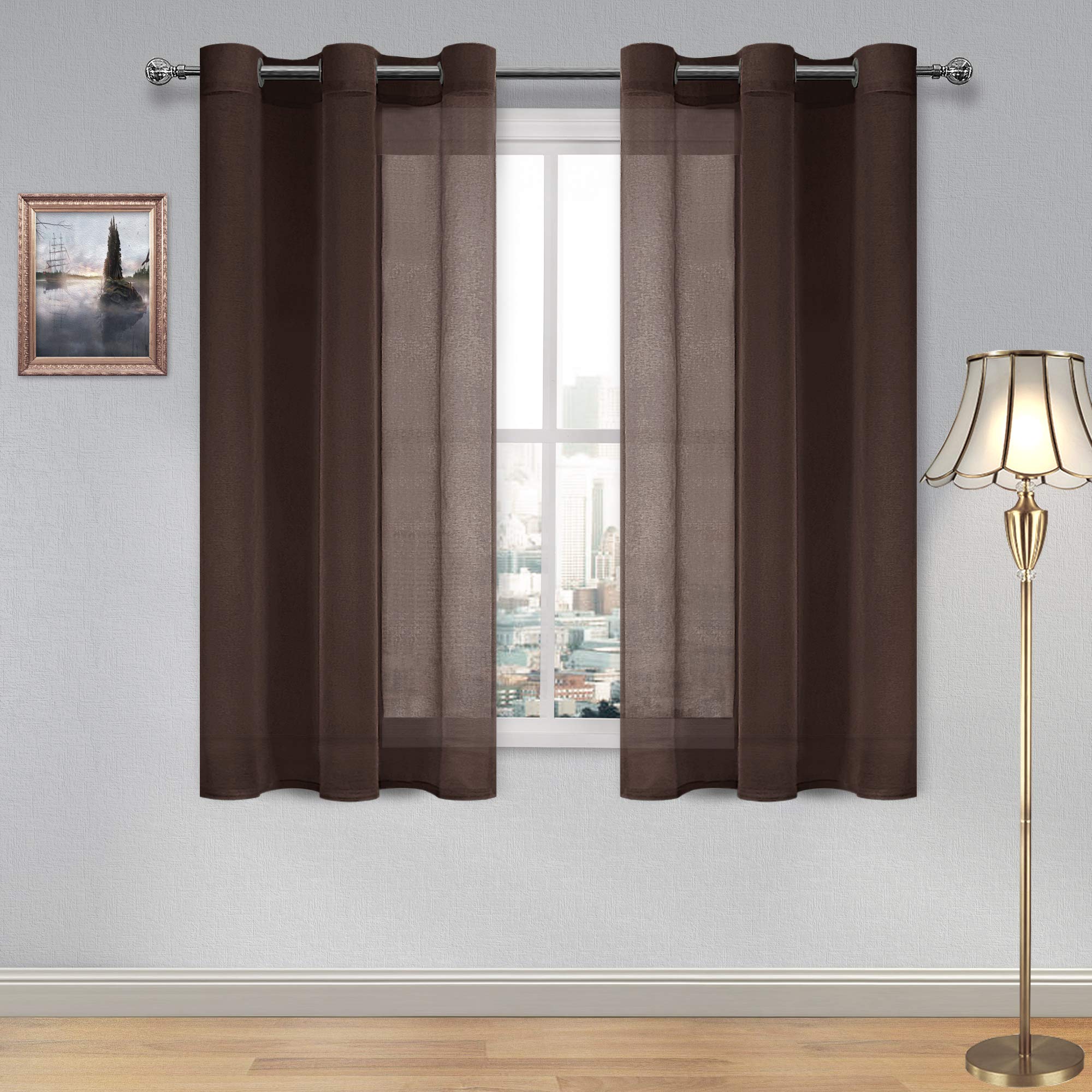 DWCN Brown Sheer Curtains for Living Room Bedroom - Faux Linen Look Voile Drapes Grommet Top Window Curtain Panel 46 x 54 Inch Length, Set of 2 Panels