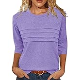 JomeDesign 3/4 Length Sleeve Womens Tops Round Neck Casual Tunic Tops Pleated Shirts Dressy