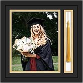 Picrit Photo Frame with Tassel Holder for 8x10 Pictures with Tempered Glass, Class of 2025 Graduation Decoration Gift, Black over Gold Mat, Wall or Tabletop Display