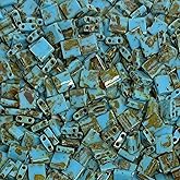 Miyuki Tila Beads - 2 Hole Square Beads, 5x5x1.9 mm, 5 Grams Glass Beads Picasso Turquoise (TL4514)