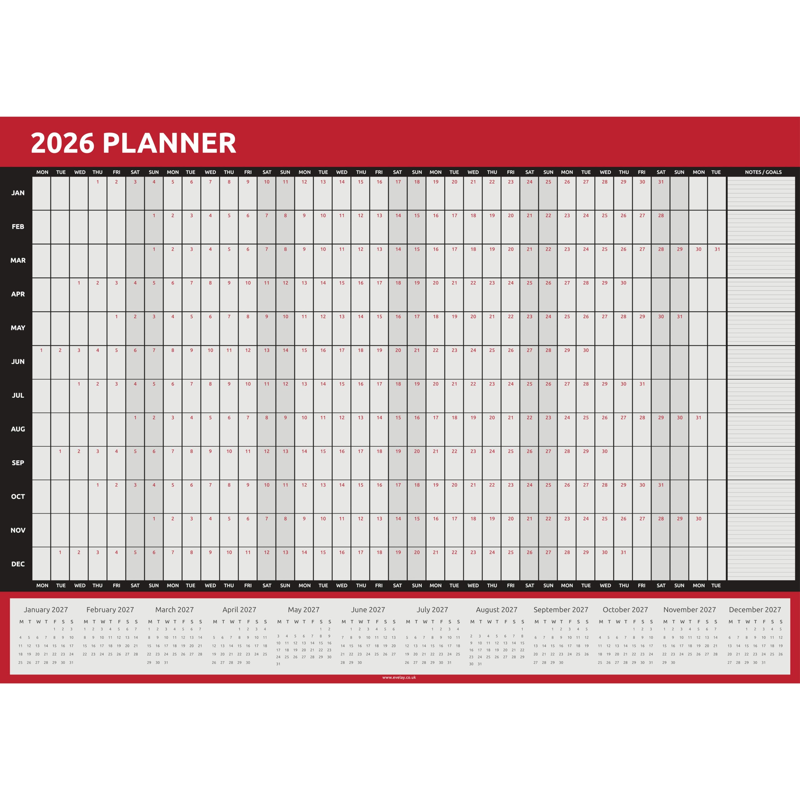 Evelay 2026 Wall Planner Calendar A1 Size (84cm x 59cm) Full Year to view Calendar Home Office Work Runs Full Year (Red)