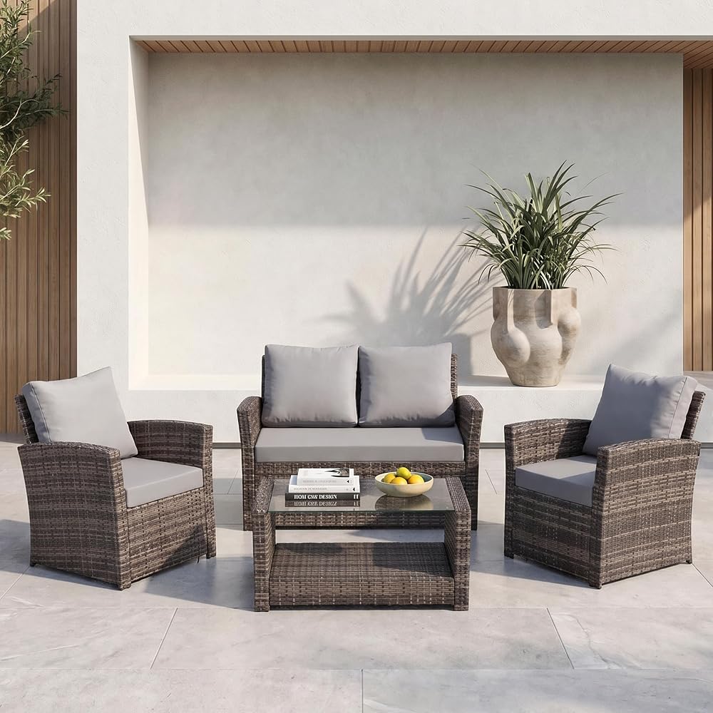 EVRE Roma 4 Seater Rattan Garden Set with Glass Coffee Table Cedar Brown