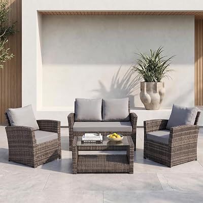 EVRE Roma 4 Seater Rattan Garden Set with Glass Coffee Table Cedar Brown