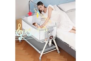 MEICHYUN Baby Bassinet, Rocking Bassinet, 3 in 1 Bassinets Bedside Sleeper with Musical Toys, Bedside Bassinet for Baby with Storage Basket and Wheels, Adjustable Bedside Crib for Newborn (Grey)