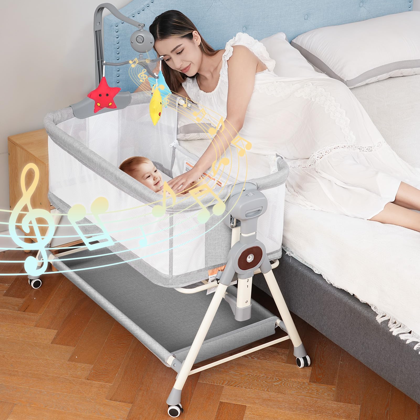 Photo 1 of Baby Bassinet, Rocking Bassinet, 3 in 1 Bassinets Bedside Sleeper with Musical Toys, Bedside Bassinet for Baby with Storage Basket and Wheels, Adjustable Bedside Crib for Newborn (Grey)