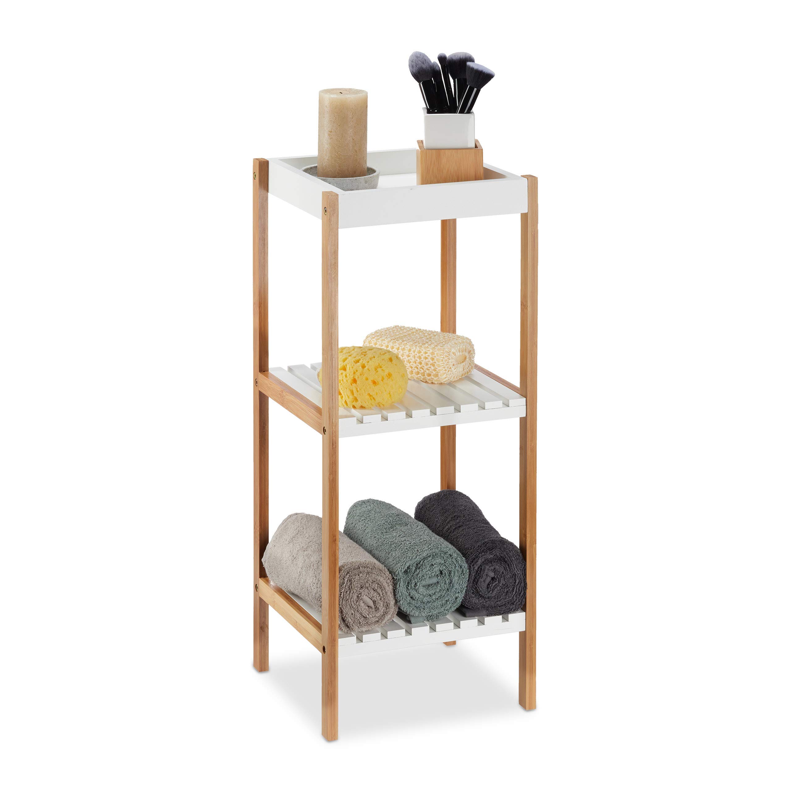 Relaxdays 3-Tier Bathroom Shelf, Free Standing, Open Bamboo Kitchen Rack, MDF, No Drilling, HWD: 72x30x29 cm, Natural/White