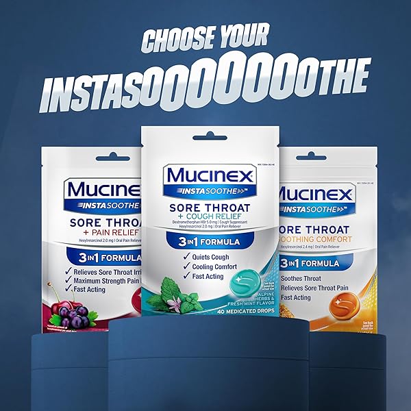 MUCINEX INSTASOOTHE SORE THROAT + COUGH RELIEF ALPINE HERBS & MINT FLAVOR, FAST ACTING, COOLING COMFORT, POWERFUL SORE THROAT ORAL PAIN RELIEVER, 40 MEDICATED DROPS