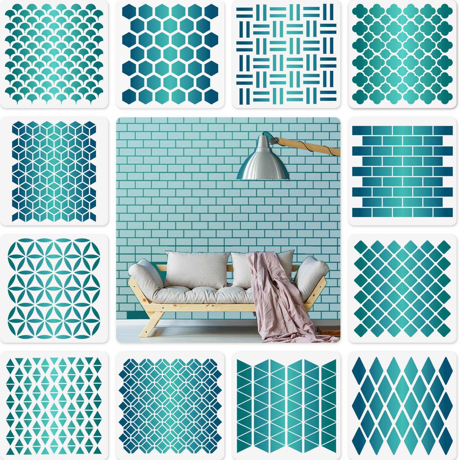 Photo 1 of 12 Sets Geometric Honeycomb Stencils Painting Art Templates Stencils for Scrapbooking Drawing Tracing DIY Furniture Wall Floor Decor (7.87 x 7.87 Inch)