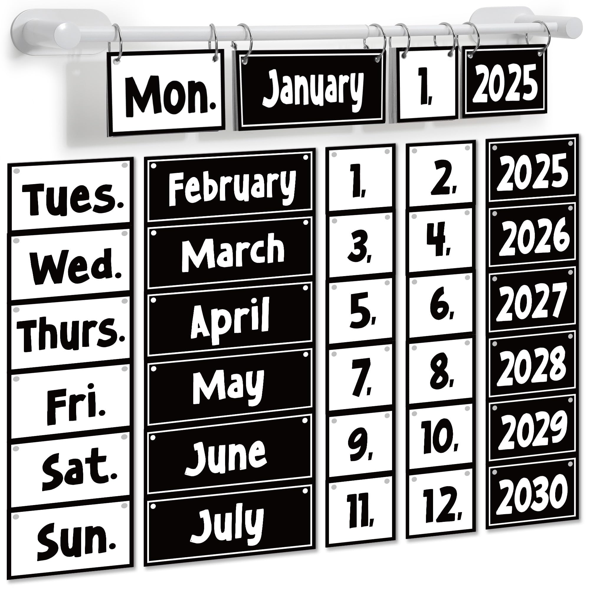 Photo 1 of Black White Calendar Bulletin Board Black White Flip Calendar Set with Holder Neutral Classroom Decoration with 56 Date Cards Adjustable Rotating System Holder for Classroom Home Decor Supplies