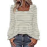 MEROKEETY Women's Fall Square Neck Striped Shirt Puff Long Sleeve Casual Loose Tops 2025 Trendy Blouse