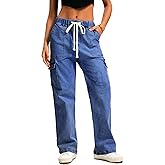 HVEPUO Womens High Waisted Cargo Pants Y2K Baggy Straight Leg Stretchy Jeans for Women Streetwear Trousers Pants 6 Pockets