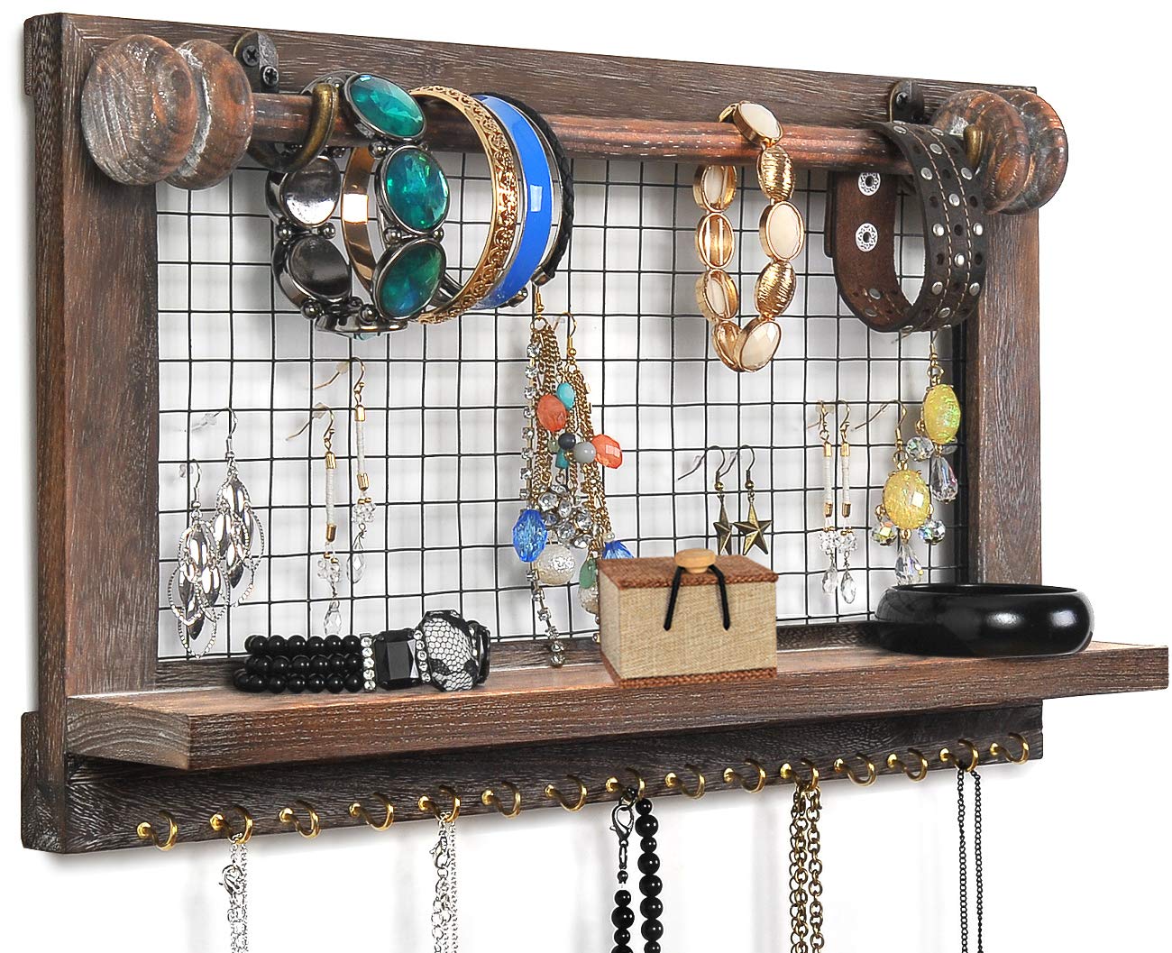 VIEFIN Rustic Wall Mounted Mesh Jewelry Organizer, Wood Shabby Chic