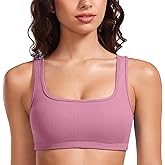 CRZ YOGA Ribbed Sports Bras for Women - Square Neck Wireless Padded Bra Low Coverage Yoga Crop Top