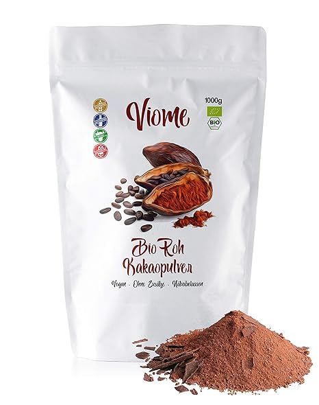 Viome Bio Roh Kakaopulver - ohne Zucker - stark entölt (11% Fett) - Aus Hochwertigen ...