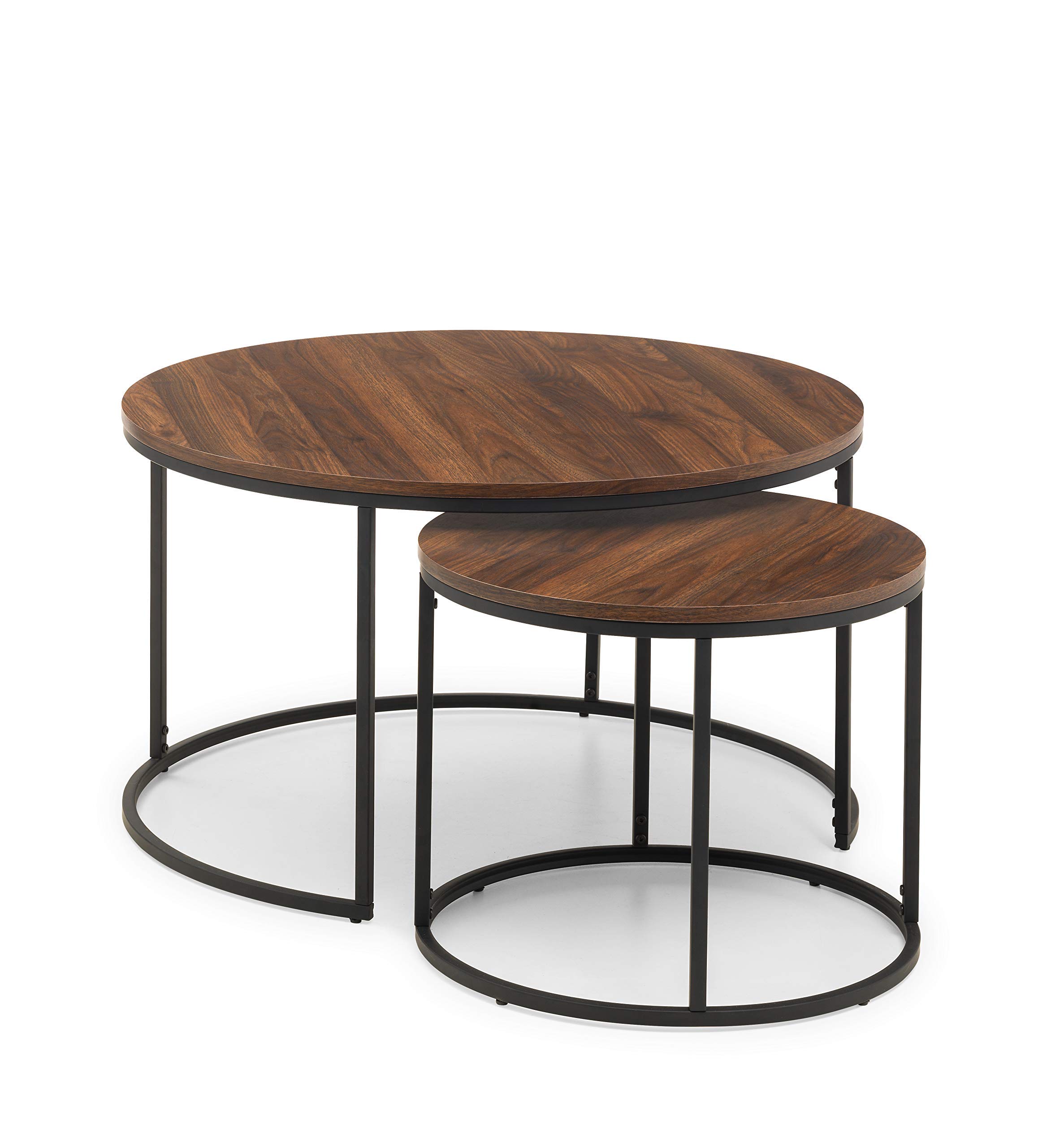 Julian Bowen Bellini Nesting Coffee Table - Set of 2 Nest Tables for Living Room, Round Walnut Effect Centre Table w/ Industrial Style Black Metal Legs for Small Spaces - 45 x 80cm