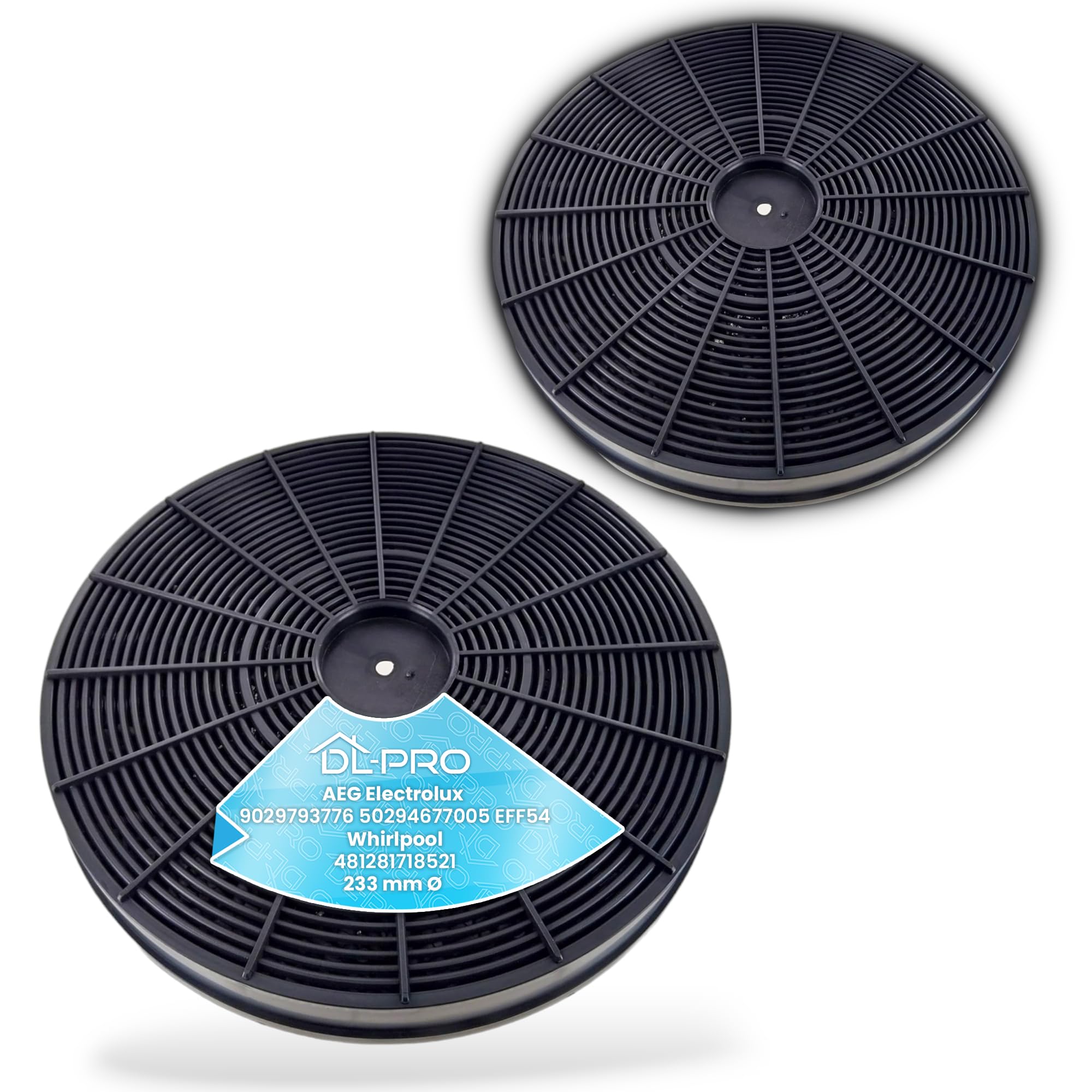 DL-pro Carbon Filters for AEG Electrolux, Whirlpool, Indesit, Miele, Faber Cooker Hood - EFF54, 2 Pieces, Round, 34 mm Height, 233 mm Diameter
