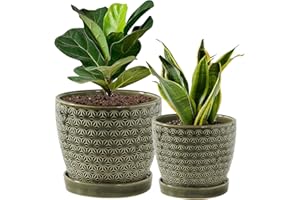 SWKIEN Plant Pots, Flower Pots, Planters for Indoor Plants(6.5+5.5inch), Flower Pots for Indoor Plant with Drainage Hole and Saucer, Ceramic Pots for Plants with Hole Mesh Pad,Reactive Glaze Green