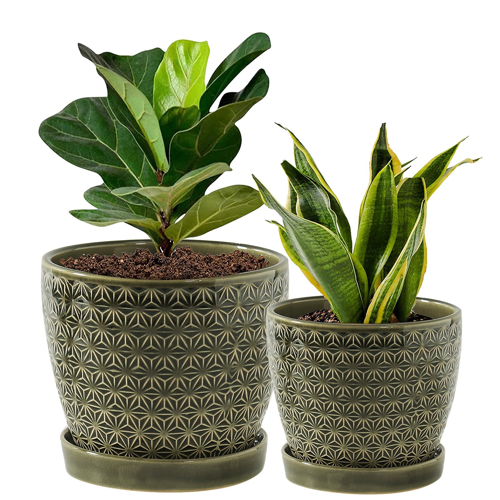 Photo 1 of Plant Pots, Flower Pots, Planters for Indoor Plants(6.5+5.5inch), Flower Pots for Indoor Plant with Drainage Hole and Saucer, Ceramic Pots for Plants with Hole Mesh Pad,Reactive Glaze Green