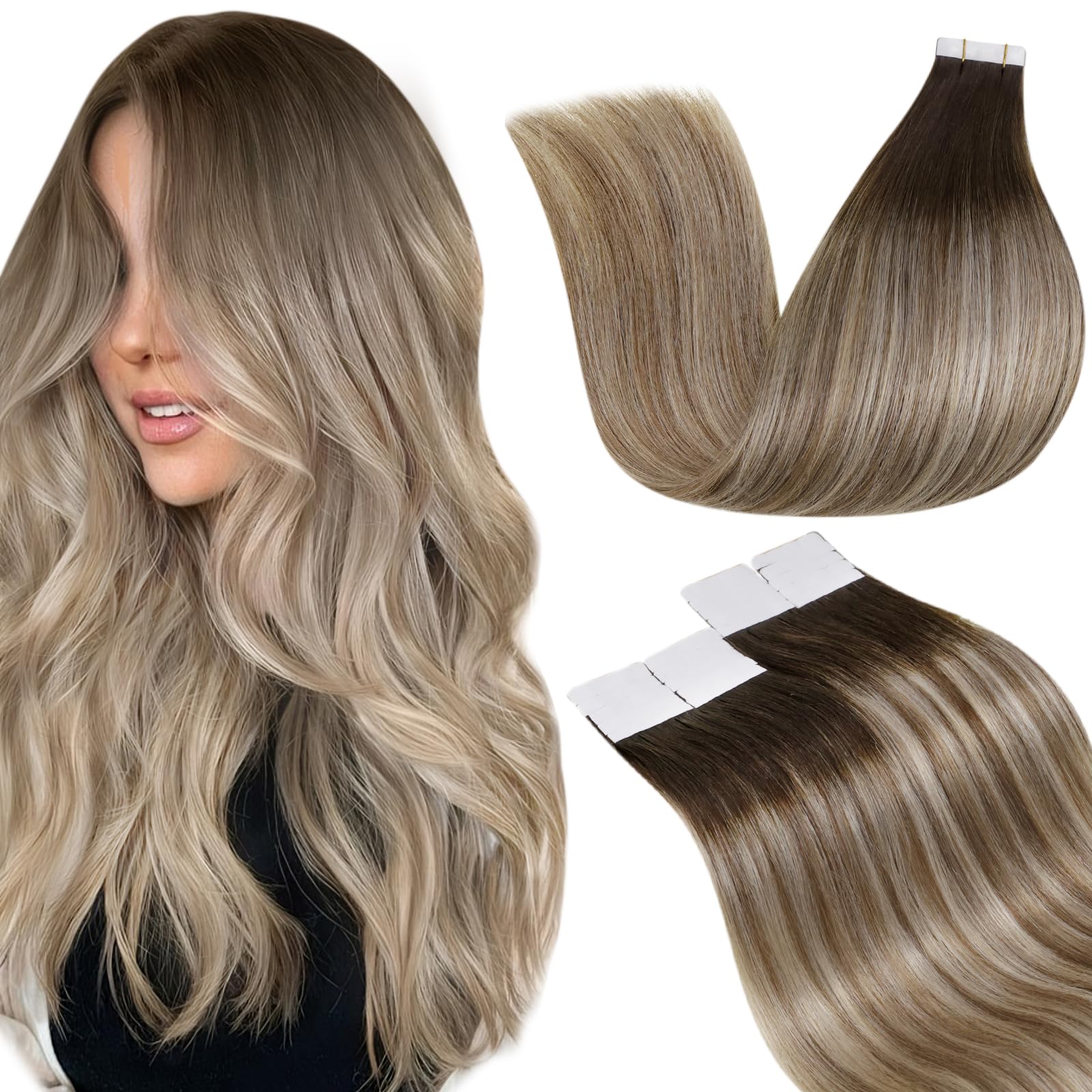 LaaVoo Tape in Hair Extensions Human Hair Blonde Tape Hair Extensions Real Human Hair Invisible Tapes Remy Straight Balayage Brown to Blonde Hair Double Sided Tabs 20pcs 50g 18 Inch #3/8/24 — image 1