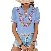 ZILIN Women's Casual Floral Embroidered V Neck Boho Short Puff Sleeve Shirts Loose Summer Blouses Tops Fashion Clothes 2026