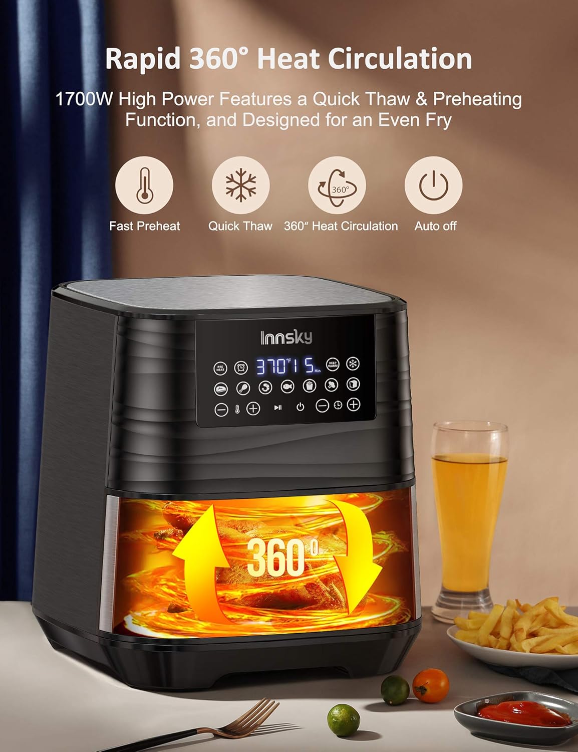 Innsky Air Fryer XL, 5.8 QT, 1700W Electric Stainless Steel Hot Air Fryers Oven for Roasting/Baking/Grilling, LED Touch Digital Screen with 7 Cooking Presets, Preheat& Keep Warm, Appointment & Nonstick (32 Recipes): Kitchen & Dining