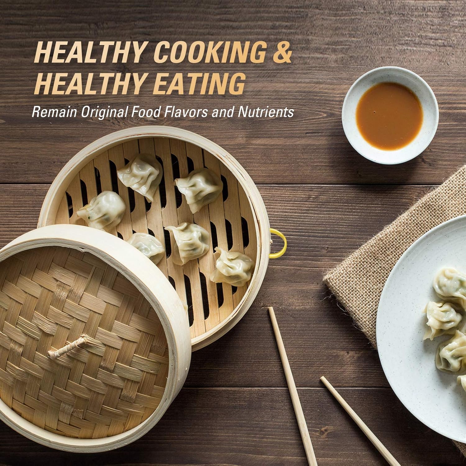Bamboo Steamer, MacaRio 10 Inch Handmade Baskets with Side Handles & Banding, 4 Sets Chopsticks 2 Ceramic Sauce Dishes 50 Paper Liners, Healthy Cooking for Dim Sum Dumplings, Buns, Seafoods: Kitchen & Dining