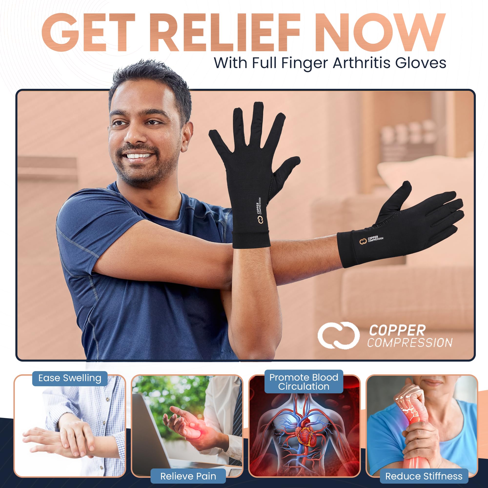 Copper Compression Full Finger Arthritis Gloves - Palm Grips - Touch Screen Fingertips - Compression Support for Carpal Tunnel, Pain Relief, Tendonitis - Fits Men & Women - 1 Pair - M