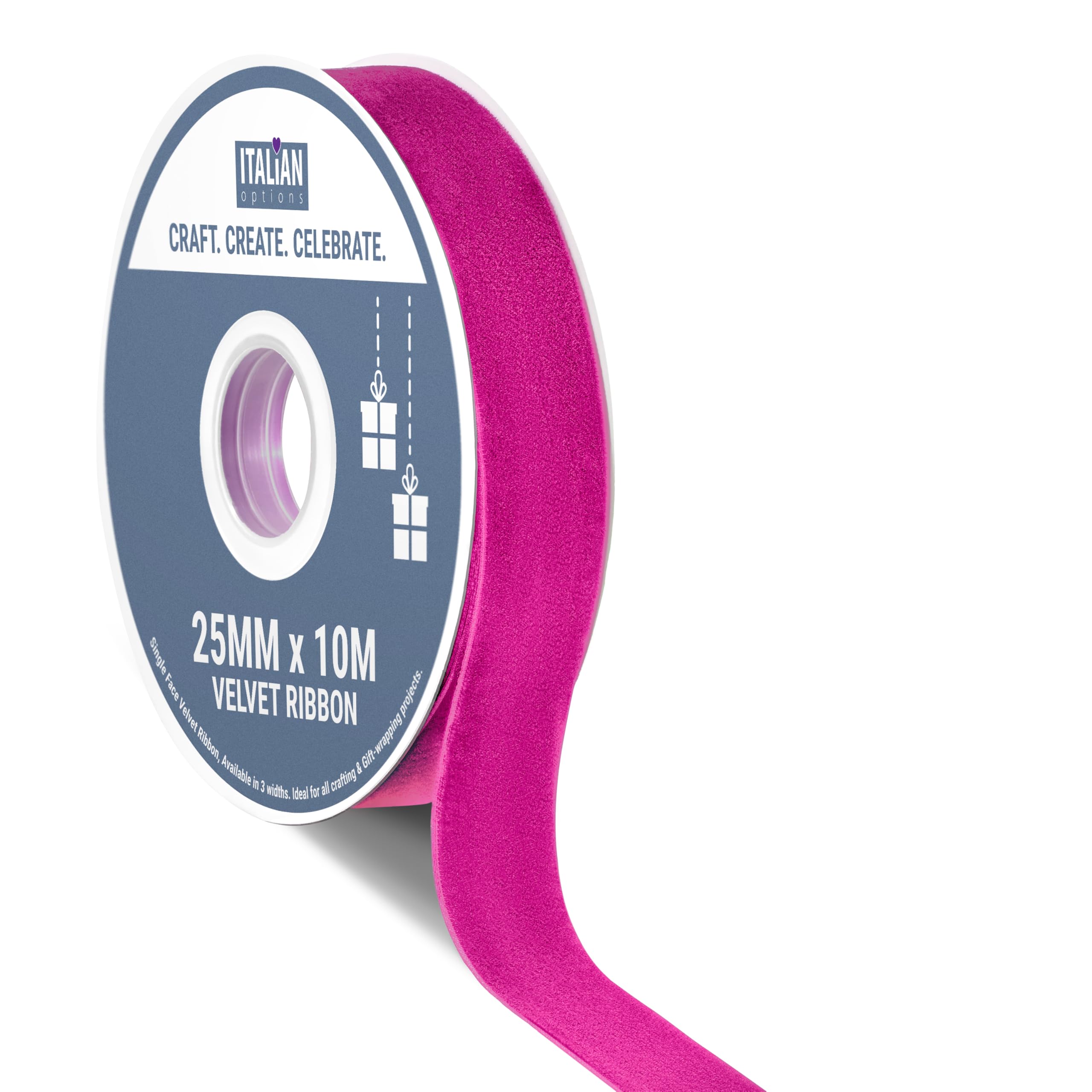 Italian Options Velvet Ribbon, Luxury, Single-Face Velvet Ribbon for Crafting, Christmas, Bows, Hair, Cakes, Weddings, Ornaments, Gift Wrapping, Flowers, 25mm x 10 Metre Roll, Hot Pink