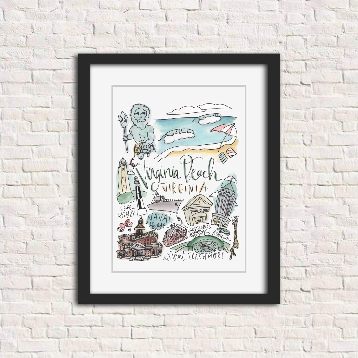 Virginia Beach, Virginia Wall Art - 8x10 inch Unframed Art Print - Watercolor Map Military Gift Homesick Hometown Souvenir Art Print Decor