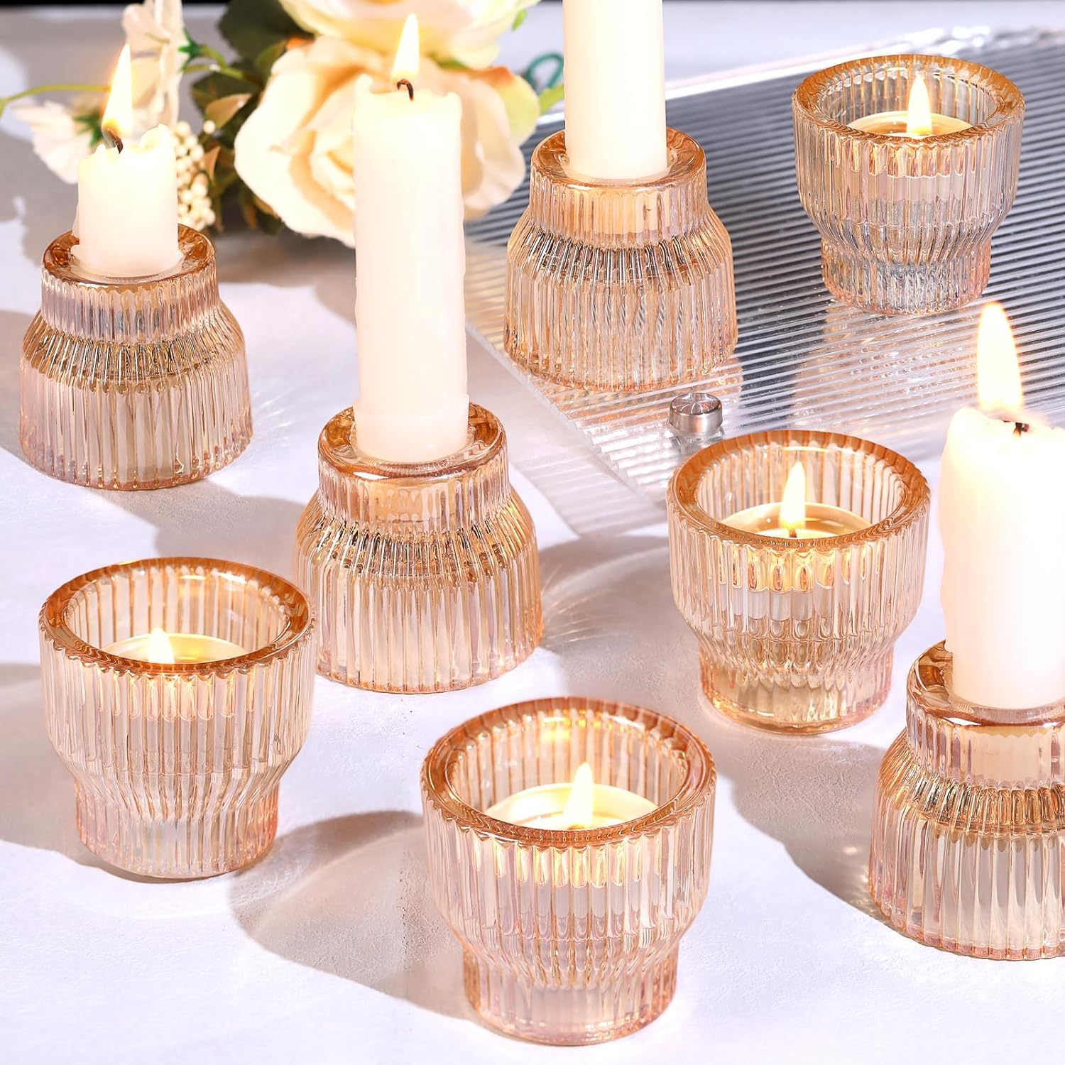 Azuritek 12pcs Gold Taper Candle Holders, Glass Candlestick Holders, Tea Light Candle Holder for Wedding Centerpieces Table Decorations, Votive Candle Holders for Party Supplies and Home Decor