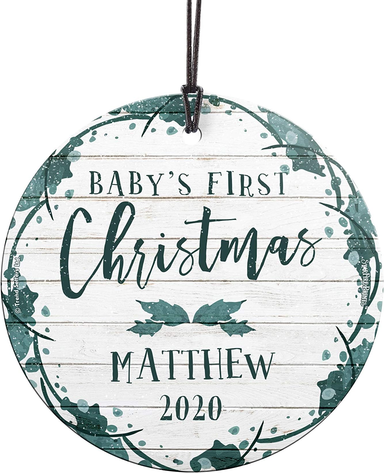 Baby’s First Christmas Glass Ornament – Baby Personalized - Farmhouse Teal and Shiplap – Suncatcher Hanging Print Christmas Tree Date Display 3.5" Circle | Free Red Velveteen Gift Bag