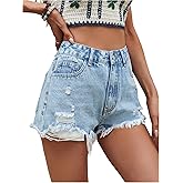OYOANGLE Women's High Waisted Ripped Jean Shorts Distressed Raw Hem Denim Shorts with Pockets