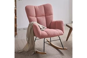 Ljirnt Nursery Rocking Chair, Teddy Fabric Upholstered Glider Rocker with High Backrest, Modern Rocking Accent Chairs Comfy Side Chair for Nursery, Bedroom, Living Room (Pink)
