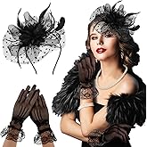 WLLHYF 2 Pcs Fascinators Hat for Women Headband Tea Party with Lace Glove 50s Vintage Hat Wedding Feather Veil Hair Clip