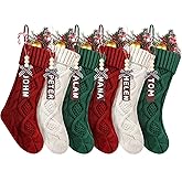 HDKJRN Set of 6 Personalized Christmas Stockings with Wooden Name Tags, 18" Xmas Cable Knitted Stocking – Holiday Hanging Decor Gifts for Family Party (White, Red, Green)