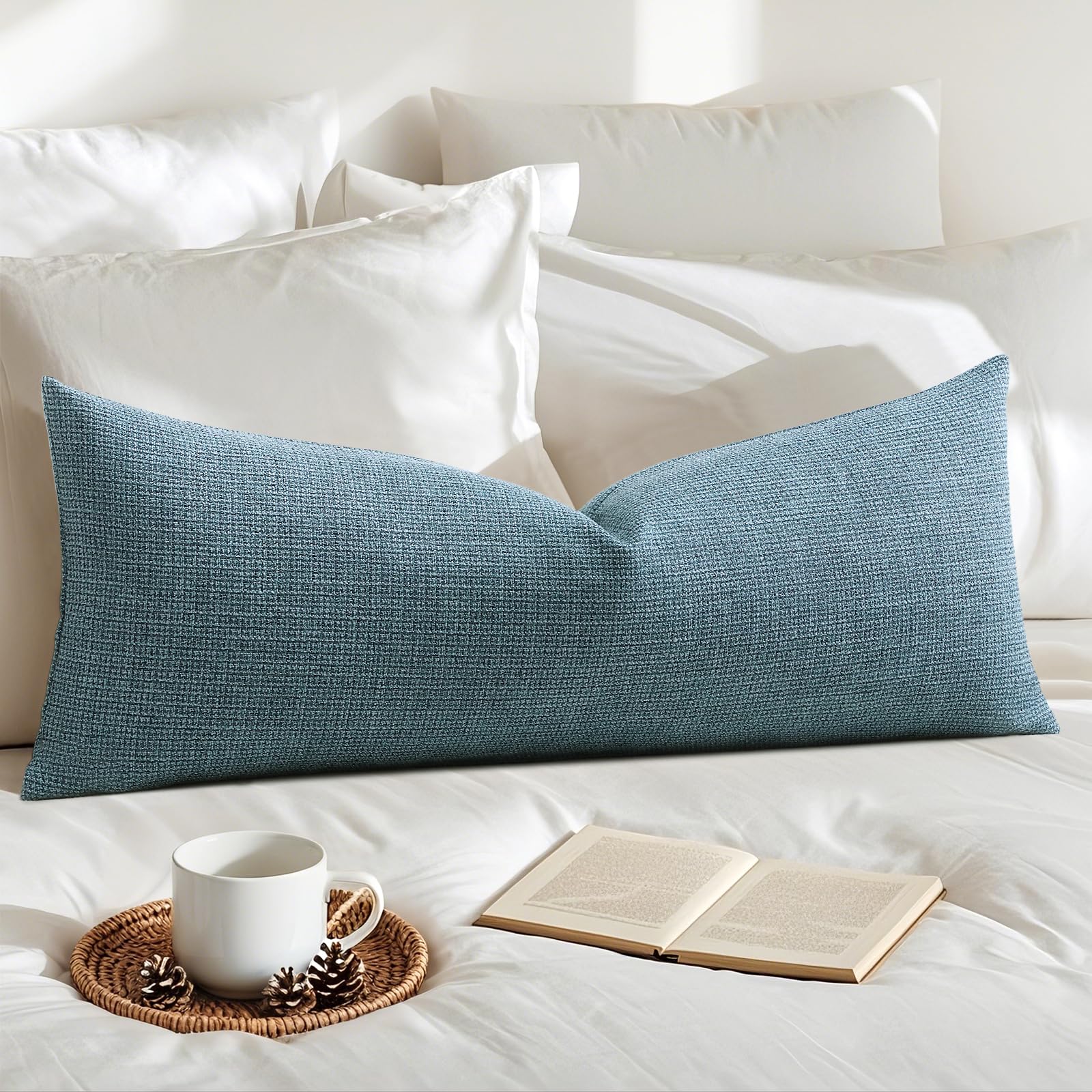 Photo 1 of OTOSTAR Linen Throw Pillow Cover Set of 1 Decorative Long Lumbar Pillowcase Rectangle Cushion Cover 14x36 Inch for Home Decor Sofa Bedroom Car 35 x 90CM Blue