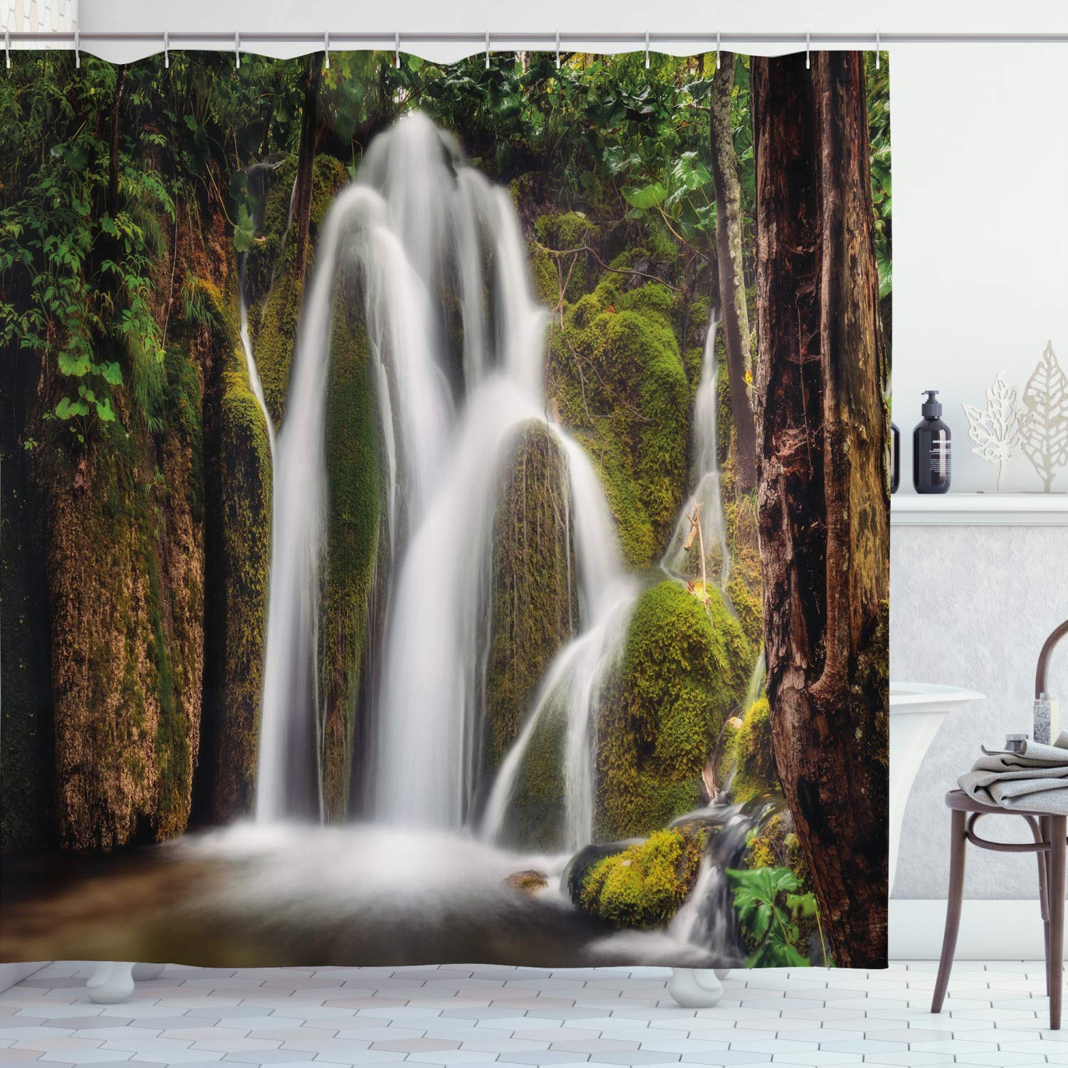 ABAKUHAUS Waterfall Shower Curtain, Epic Waterfall Down The Cliffs Deep in Forest Natural Wonders Cascade Picture, Cloth Fabric Bathroom Decor Set with Hooks, 94" Inches, White Green