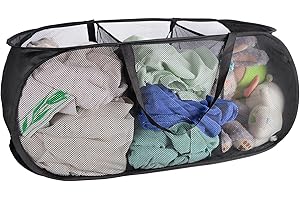 XIAYAN collapsible Mesh Popup laundry basket，3 Compartments-Laundry Hamper with Strong Handles ，Easy to Open and Fold for Dorm, Laundry Room, Bedroom, RV (Black)…