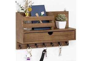 dreampossible Key and Mail Holder for Wall, Mail Organizer Wall Mount with 6 Hooks and Storage Drawer, Wooden Key Rack Hanger with Shelf for Entryway and Home Decor
