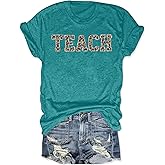 RECUTEWU Teacher Shirts for Women: Embroidery Teach T-Shirts Leopard Teaching Graphic Gifts Short Sleeve