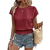 Elastic Waist Eyelet Tops for Women Summer Smocked Crewneck Short Sleeve Tee Crop Casual Plain T Shirts for Vocation Work