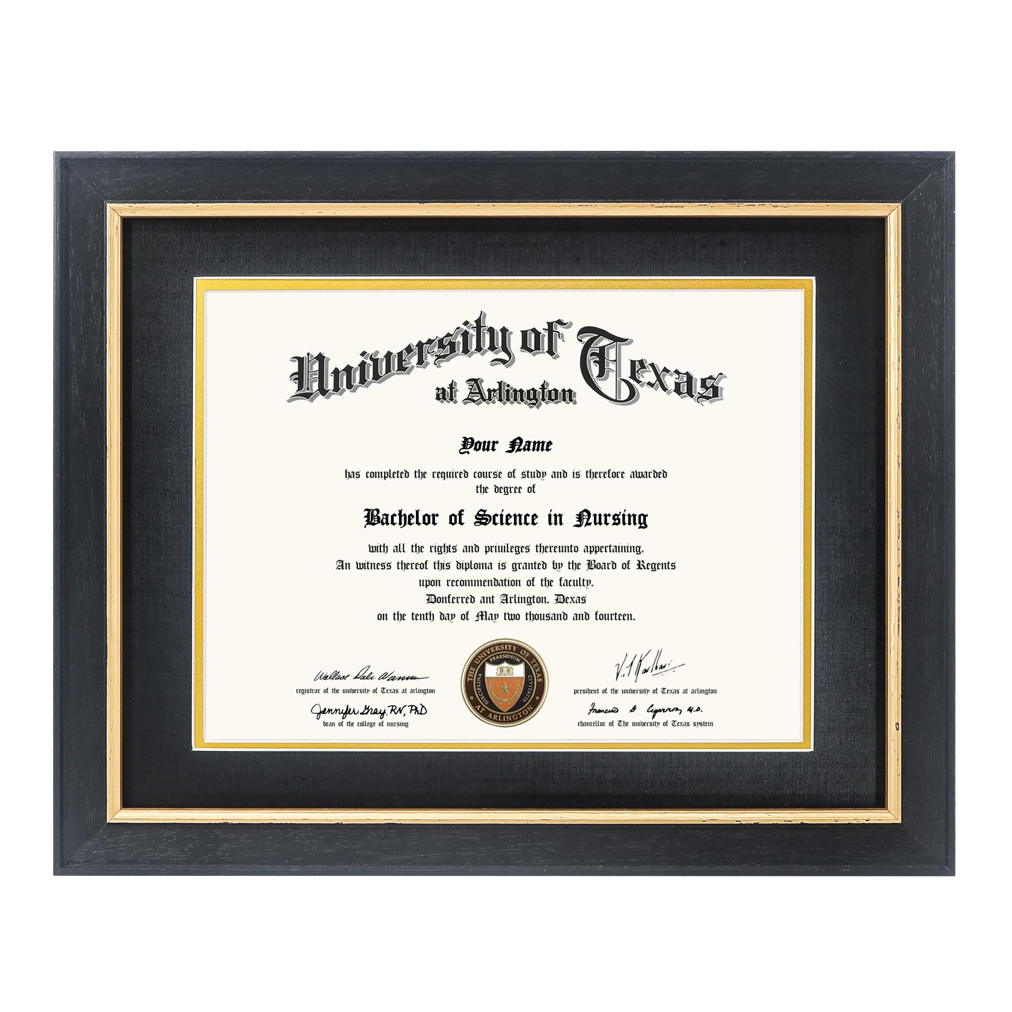 Photo 1 of GMFrames 8.5x11 Wood Diploma Frame with Black Mat or Display 11x14 Certificates without Mat,Tempered Glass,Rustic Black Finish with Gold Trim