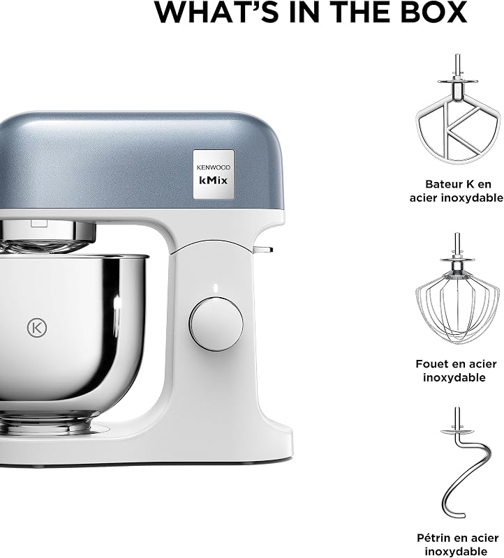 kMix - Robot Pâtissier Multifonction avec Bol en Acier Inoxydable 5 L, Moteur 1000 W, Corps en Métal, Kit Pâtisserie 3 Accessoires et Couvercle anti-Éclaboussures, Bleu (KMX760ABL)