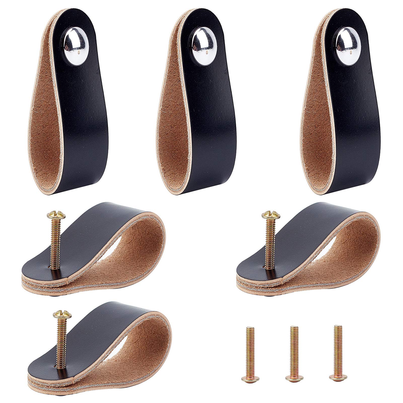 GORGECRAFT 6Pcs Leather Drawer Pull leather Dresser Knobs Nordic Wardrobe Cabinet Door Handles Drawer Knob Pull Single Hole Furniture Hardware for Cupboard Door Kitchen 141x24.5mm, Black