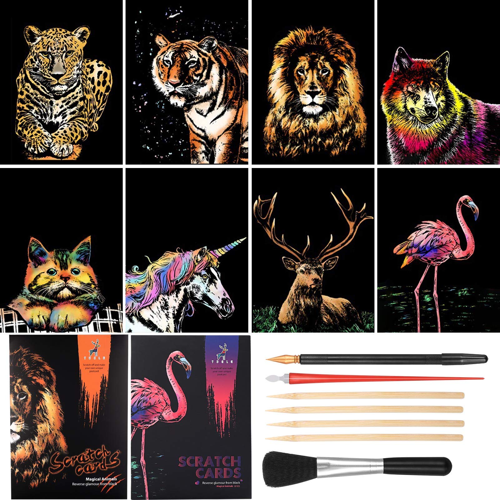 metagio 8PCS Scratch Art Paper A4 Animals Art Paper Rainbow Painting Engraving Art Sets with Scratch Drawing Pens and Cleaning Brush