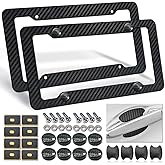 Carbon Fiber License Plate Frames- Black Carbon Pattern Plastic Front & Rear Car Tag Holder Cover 2 Pack with Mount Hardware, Screws, Caps, Handlebar Stickers
